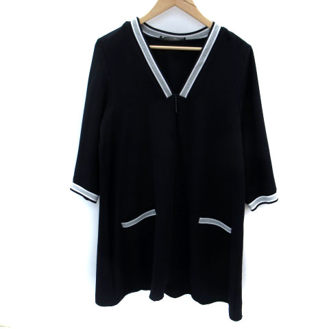 【中古】ザラ ベーシック ZARA BASIC ワンピース ひざ丈 七分袖 Vネック L 紺 ネイビー /SM29 レディース 【ベクトル 古着】 250422