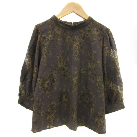 【中古】ドレスキップ DRESKIP ブラウス カットソー 七分袖 ラウンドネック 花柄 総レース L ダークブラウン マスタードイエロー /YS11 レディース 【ベクトル 古着】 250410
