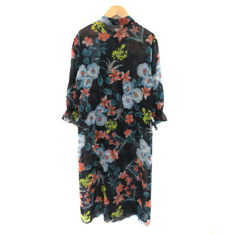 【中古】ザラ ベーシック ZARA BASIC シャツワンピース ロング丈 七分袖 バンドカラー シースルー 花柄 M マルチカラー 紺 ネイビー /YK41 レディース 【ベクトル 古着】 250410