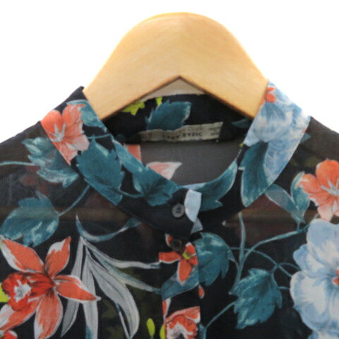 【中古】ザラ ベーシック ZARA BASIC シャツワンピース ロング丈 七分袖 バンドカラー シースルー 花柄 M マルチカラー 紺 ネイビー /YK41 レディース 【ベクトル 古着】 250410