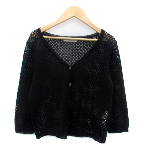 【中古】コルディア CORDIER ニットカーディガン ラウンドネック 七分袖 透かし編み 40 L 黒 ブラック /HO13 レディース 【ベクトル 古着】 250421