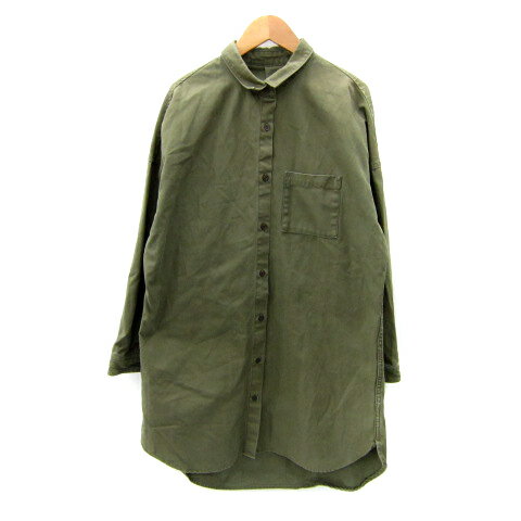 【中古】アズールバイマウジー AZUL by moussy シャツワンピース ひざ丈 長袖 無地 S カーキ /SY6 レディース 【ベクトル 古着】 250514
