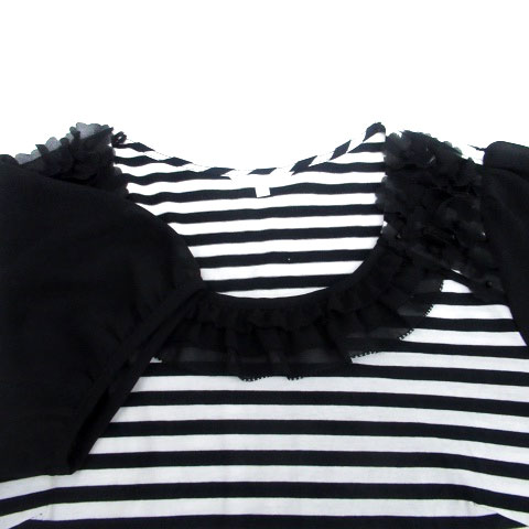 【中古】トゥービーシック TO BE CHIC チュニック ラウンドネック 半袖 ボーダー柄 花モチーフ フリル 2 M オフホワイト 黒 ブラック /HO20 レディース 【ベクトル 古着】 250526