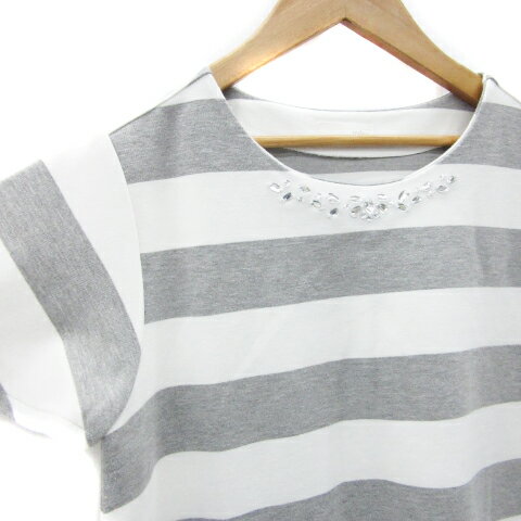 【中古】インデックス INDEX ワンピース ひざ丈 半袖 ボーダー柄 ビジュー M グレー /YM6 レディース 【ベクトル 古着】 250523