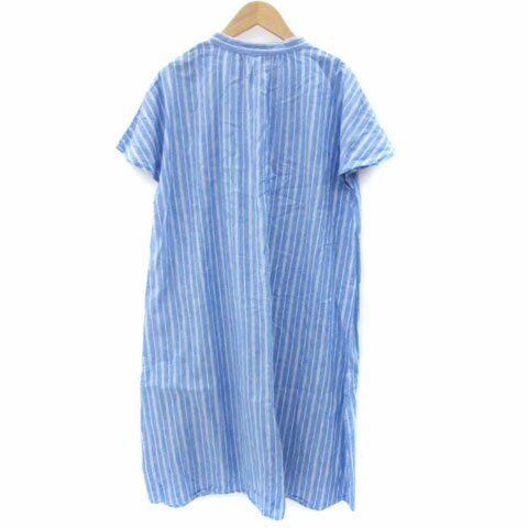 【中古】シューラルー SHOO・LA・RUE シャツワンピース ミモレ丈 半袖 ストライプ柄 麻 リネン混 F ブルー 青 /YM16 レディース 【ベクトル 古着】 250603