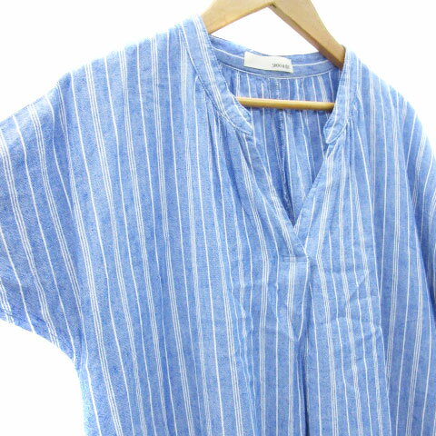 【中古】シューラルー SHOO・LA・RUE シャツワンピース ミモレ丈 半袖 ストライプ柄 麻 リネン混 F ブルー 青 /YM16 レディース 【ベクトル 古着】 250603