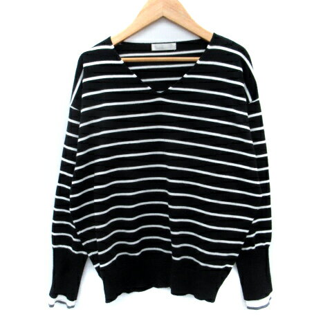 【中古】キャトルメラ—ジュ Quatre melange ニット カットソー 長袖 Vネック ボーダー柄 F 黒 ブラック..