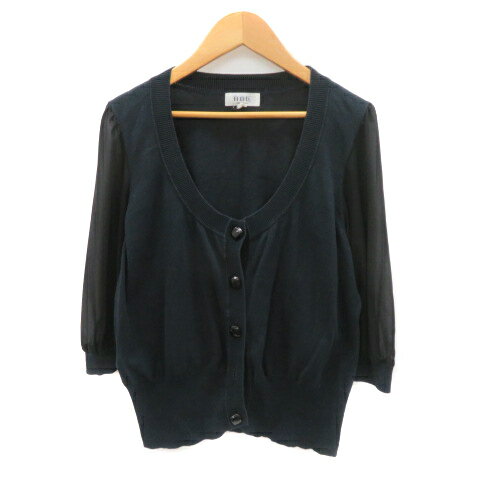 【中古】自由区 オンワード樫山 カーディガン ミドル丈 七分袖 切替 シフォン 44 XL 大きいサイズ 紺 ネイビー /YK39 レディース 【ベクトル 古着】 250609