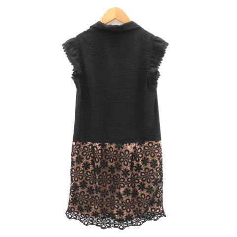 【中古】リランドチュール Rirandture シャツワンピース ひざ丈 フレンチスリーブ オープンカラー レース 1 黒 ブラック ベージュ /YK27 レディース 【ベクトル 古着】 250618