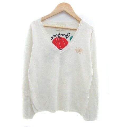 【中古】チェスティ Chesty ニット カットソー Vネック 長袖 刺繍 ウール混 F マルチカラー オフホワイ..