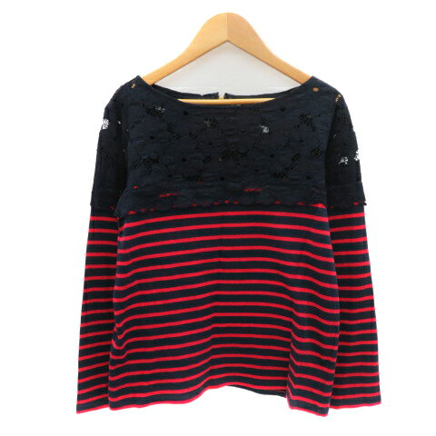 【中古】インティメイトダイアリー Intimate Diary カットソー 長袖 レース ボーダー柄 1 紺 ネイビー ..