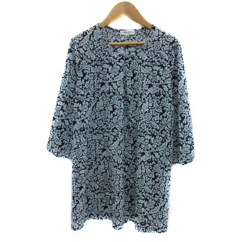 【中古】ピエールカルダン Pierre Cardin チュニック カットソー 長袖 ラウンドネック ペイズリー柄 40 L 紺 ネイビー 水色 ライトブルー /YS20 レディース 【ベクトル 古着】 250711