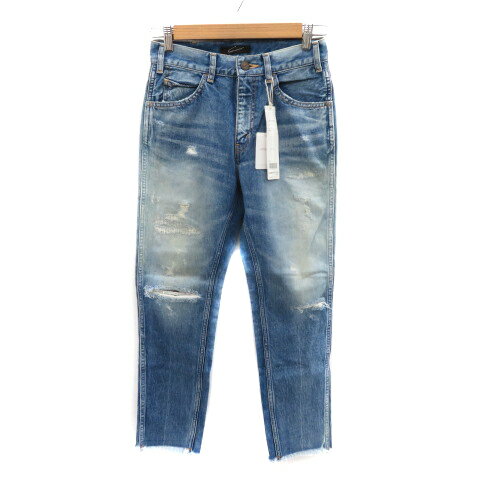 【中古】未使用品 スタニングルアー STUNNING LURE デニムパンツ ジーンズ テーパードパンツ アンクル丈 ウォッシュ加工 ダメージ加工 フリンジ 25 S ライトブルー /YK4 レディース 【ベクトル 古着】 250719