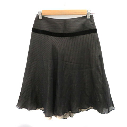 【中古】エムケー ミッシェルクラン MK MICHEL KLEIN フレアスカート ミモレ丈 ストライプ柄 シルク 38 M 黒 ブラック グレージュ /YK9 レディース 【ベクトル 古着】 250807