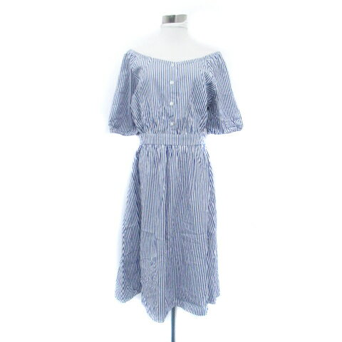 【中古】エムズエキサイト EMSEXCITE ワンピース オフショルダー 半袖 ミモレ丈 ストライプ柄 M オフホワイト 青 ブルー /HO40 レディース 【ベクトル 古着】 250822(4)