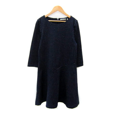 【中古】ドゥクラッセ DoCLASSE ワンピース ひざ丈 長袖 ラウンドネック ストライプ柄 M 紺 ネイビー /SY34 レディース 【ベクトル 古着】 250815