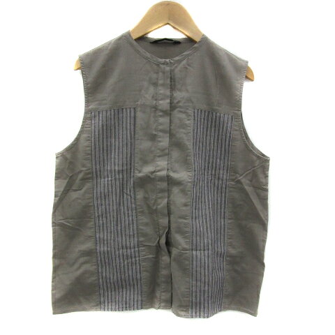 Sleeveless - 【中古】ロデオ RODEO シャツ ブラウス ノースリーブ ラウンドネック ストライプ柄 リネン混 グレージュ /YS28 レディース 【ベクトル 古着】 250829
