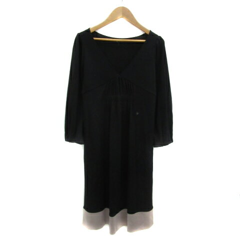 【中古】ボールジー BALLSEY トゥモローランド ワンピース ひざ丈 長袖 Vネック 無地 ウール 38 M 黒 ブラック グレージュ /YS15 レディース 【ベクトル 古着】 250818