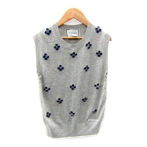 【中古】アドニシス Adonisis ニット カットソー ノースリーブ クルーネック 無地 ビジュー装飾 ロゴ刺..