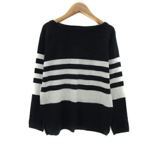 【中古】ピンクアドベ pink adobe ニット カットソー 長袖 ボートネック ボーダー柄 L 紺 ネイビー 白 ..