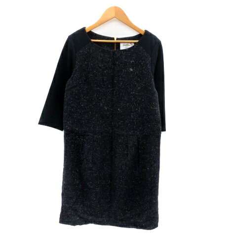 【中古】アーノルドパーマー Arnold Palmer ワンピース ラウンドネック 長袖 ひざ丈 ロゴ刺繍 2 M 紺 ネイビー オフホワイト /HO41 レディース 【ベクトル 古着】 250925(4)