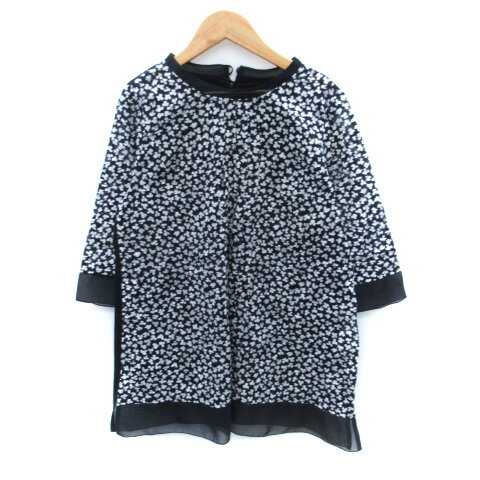 【中古】sage チュニック 七分袖 ラウンドネック 総柄 切替 40 L 紺 ネイビー 白 ホワイト /SM20 レデ..