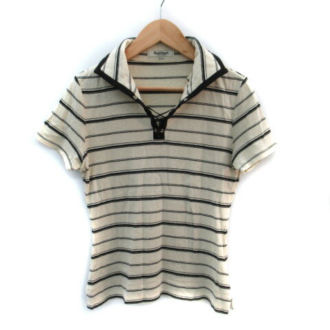 【中古】ポールスチュアート PAUL STUART ポロシャツ 半袖 レースアップ ボーダー柄 麻 リネン混 M ラ..