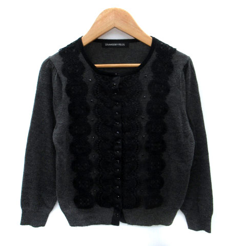 【中古】ストロベリーフィールズ STRAWBERRY-FIELDS ニットカーディガン ミドル丈 七分袖 刺繍 ビジュー レース ダークグレー /SM18 レディース 【ベクトル 古着】 251014