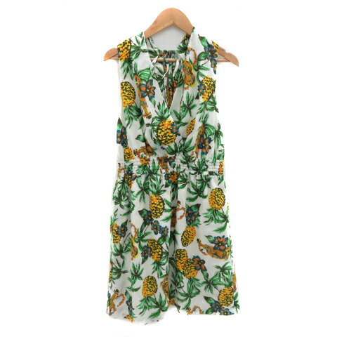 【中古】ビアッジョブルー Viaggio Blu ノースリーブワンピース ひざ丈 Vネック ボタニカル柄 2 マルチカラー 白 ホワイト /YK37 レディース 【ベクトル 古着】 251022(4)