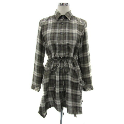 【中古】クリスチャンオジャール CHRISTIAN AUJARD シャツワンピース ミニ丈 長袖 チェック柄 リボンベルト付き 11T グレー 白 ホワイト /YS16 レディース 【ベクトル 古着】 251030