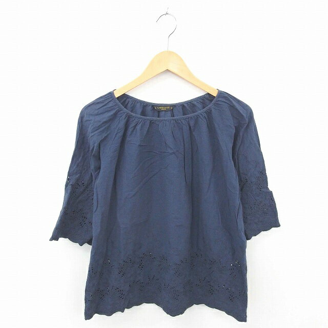 【中古】ラピスルーチェパービームス LAPIS LUCE PER BEAMS カットソー ブラウス ボートネック 刺繍 総柄 プルオーバー 綿 コットン 七分袖 紺 ネイビー /TT8 レディース 【ベクトル 古着】 200314 ブランド古着ベクトルプレミアム店