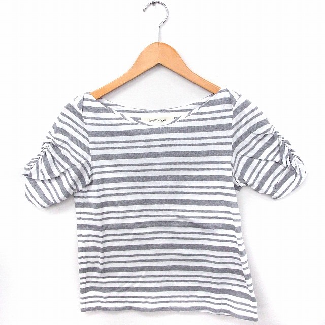 Rakuten - 【中古】ジュエルチェンジズ Jewel Changes アローズ Tシャツ カットソー ボーダー くしゅくしゅ袖 丸首 半袖 コットン 綿 グレー 灰 ホワイト 白 /FT26 レディース 【ベクトル 古着】 200425 ブランド古着ベクトルプレミアム店