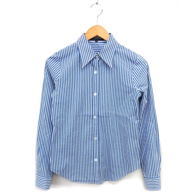 【中古】セオリー Theory ストライプ ステンカラー シャツ ブラウス コットン混 ラウンドヘム 長袖 2 青 ブルー /NT34 レディース 【ベクトル 古着】 250509