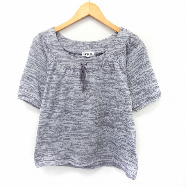 【中古】クレドソル CLEF DE SOL カットソー Tシャツ プルオーバー 半袖 リボン ミックス生地 M パープル /ST14 レディース 【ベクトル 古着】 200709 ブランド古着ベクトルプレミアム店