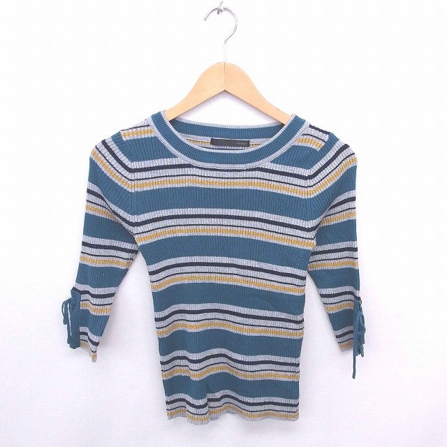 Boat Neck - 【中古】ヘザー Heather ニット セーター ボートネック ボーダー ラメ 綿 コットン 七分袖 F グリーン グレー 緑 灰 /TT18 レディース 【ベクトル 古着】 201024 ブランド古着ベクトルプレミアム店