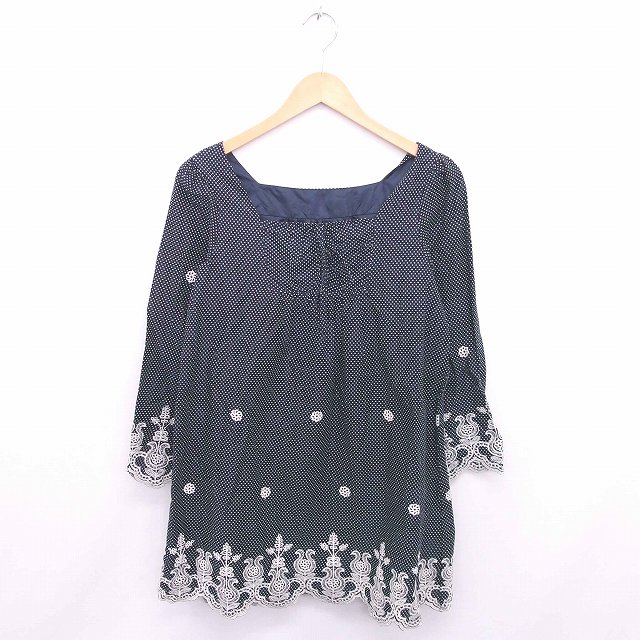 【中古】ノーブランド ワンピース ひざ丈 プルオーバー スクエアネック ドット 刺繍 長袖 M 紺 ネイビー /TT6 レディース 【ベクトル 古着】 201016 ブランド古着ベクトルプレミアム店(4)