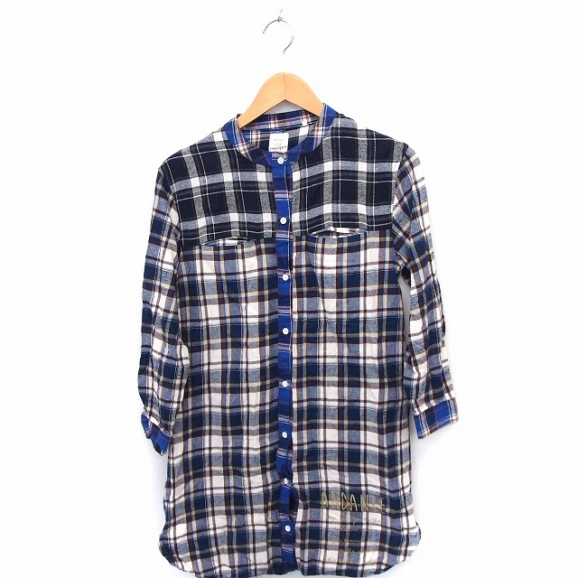 【中古】nitte and emago ワンピース シャツ チェック 長袖 ひざ丈 コットン 綿 M-L ブルー 青 ホワイト 白 /FT32 レディース 【ベクトル 古着】 201023 ブランド古着ベクトルプレミアム店