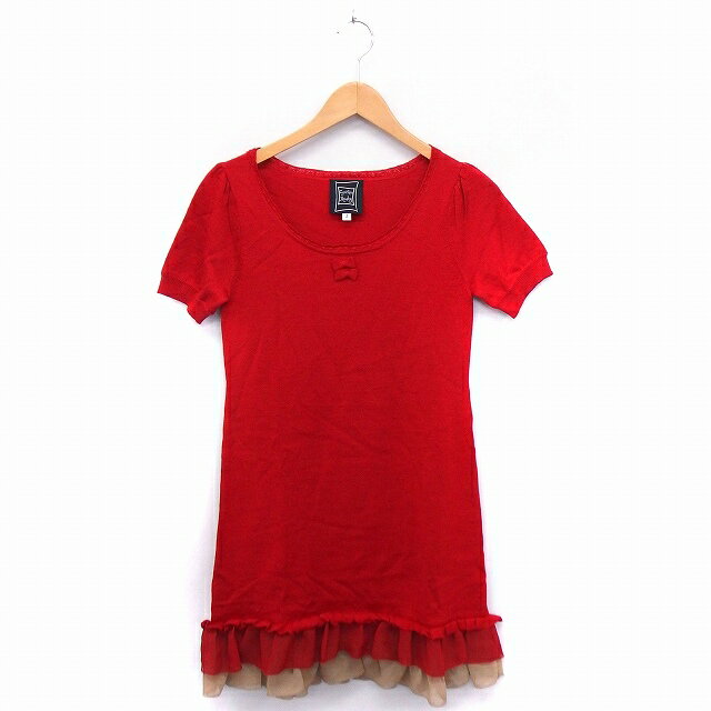 【中古】シンシアローリー CYNTHIA ROWLEY ワンピース ニット リボン レース 丸首 半袖 ひざ丈 ウール 2 レッド 赤 /FT39 レディース 【ベクトル 古着】 210111 ブランド古着ベクトルプレミアム店