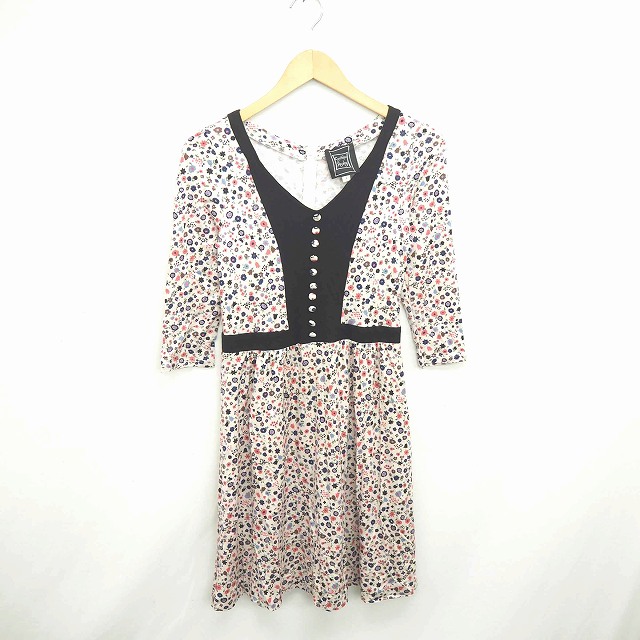 【中古】シンシアローリー CYNTHIA ROWLEY ワンピース 膝下丈 Vネック 花柄 プルオーバー 七分袖 2 ベージュ ピンク 薄茶 /TT15 レディース 【ベクトル 古着】 201224 ブランド古着ベクトルプレミアム店