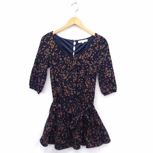 【中古】マーキュリーデュオ MERCURYDUO ワンピース ニット Uネック 七分袖 ひざ丈 リボン F ネイビー 紺 /FT22 レディース 【ベクトル 古着】 210219 ブランド古着ベクトルプレミアム店