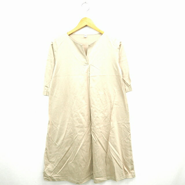 【中古】ユニクロ UNIQLO ワンピース 無地 シンプル 丸首 ひざ丈 七分袖 コットン 綿 S べージュ /MT23 レディース 【ベクトル 古着】 210311