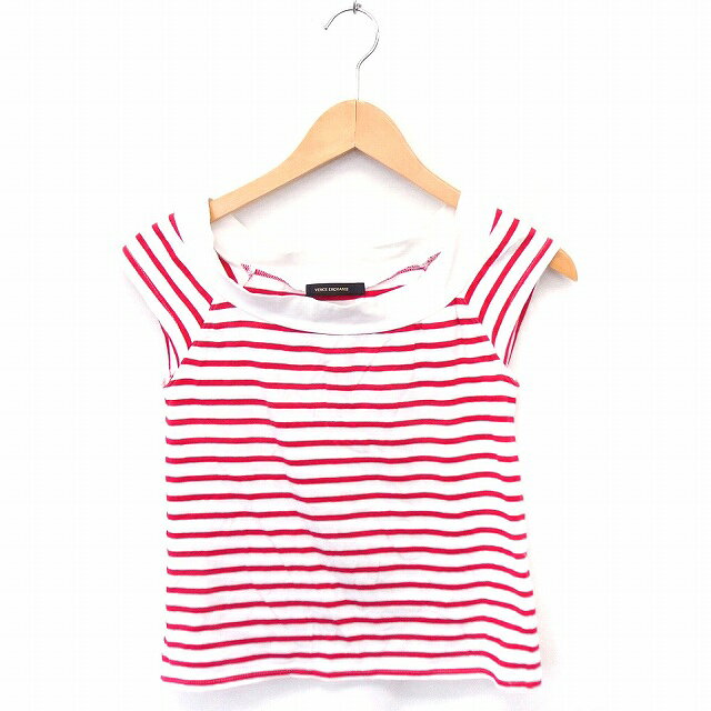 【中古】ヴァンスエクスチェンジ VENCE EXCHANGE Tシャツ カットソー ボーダー ボートネック フレンチスリーブ M ホワイト 白 レッド 赤 /FT6 レディース 【ベクトル 古着】 210407