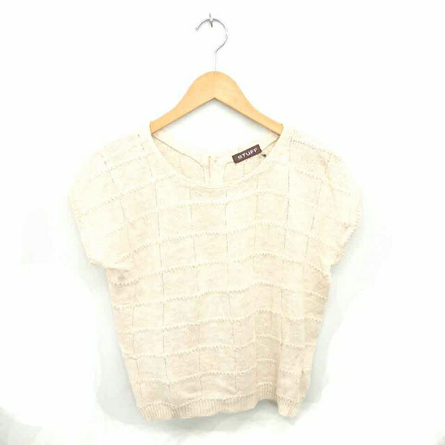 【中古】STUFF ニット セーター 丸首 背中ボタン 綿 コットン 麻 リネン混 半袖 ベージュ 薄茶 /TT7 レ..