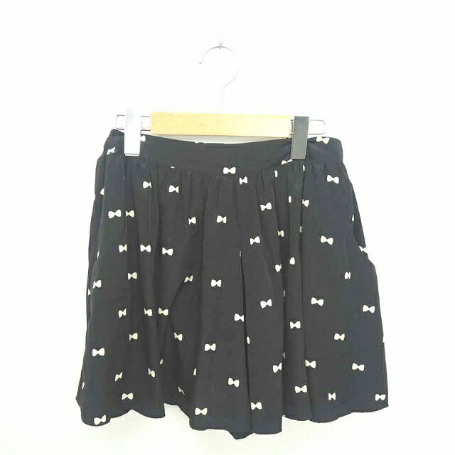 【中古】カージュ Khaju パンツ キュロット ショート リボン柄 総柄 薄手 黒 薄茶 ブラック ライトベー..