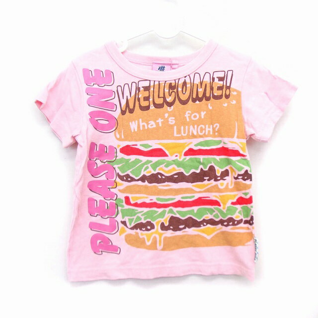 PLEASE ONE 子供服 Tシャツ カットソー ボートネック 半袖 プリント ハンバーガー 英字 110 ピンク /HT14 キッズ  210930