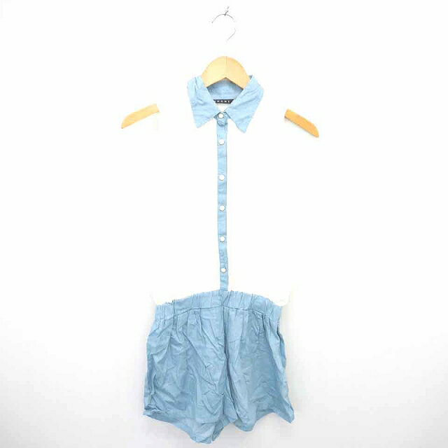 【中古】イング INGNI オールインワン パンツ ひざ丈 切替 ステンカラー 透け感 ハーフボタン ノースリーブ M アイボリー ブルー 青 /TT18 レディース 【ベクトル 古着】 210607