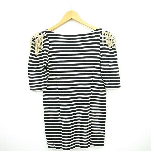 【中古】Dreaming down ワンピース ボーダー フリンジ 丸首 ミニ ショート 五分袖 ブラック オフホワイト 黒 /MT20 レディース 【ベクトル 古着】 210616