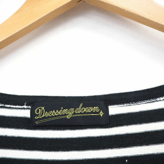 【中古】Dreaming down ワンピース ボーダー フリンジ 丸首 ミニ ショート 五分袖 ブラック オフホワイト 黒 /MT20 レディース 【ベクトル 古着】 210616