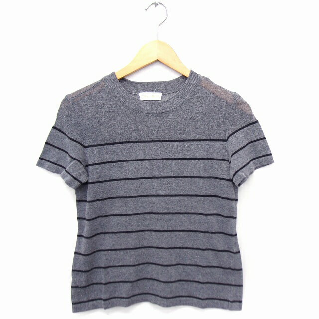 【中古】CASA de PICCO ニット セーター ボーダー 丸首 半袖 綿混 グレー 灰 /FT46 レディース 【ベクトル 古着】 210625