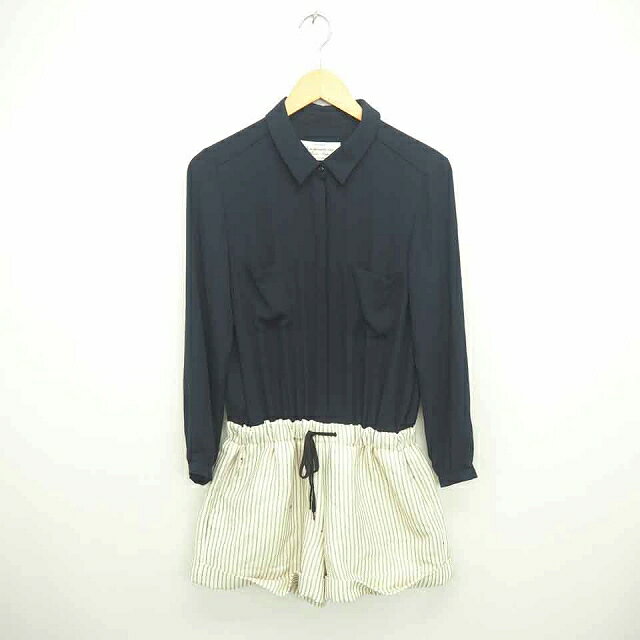 【中古】ナノユニバース nano universe オールインワン パンツ ショート ひざ丈 ストライプ 切替 ハーフボタン 長袖 F ネイビー アイボリー 紺 /TT42 レディース 【ベクトル 古着】 210812